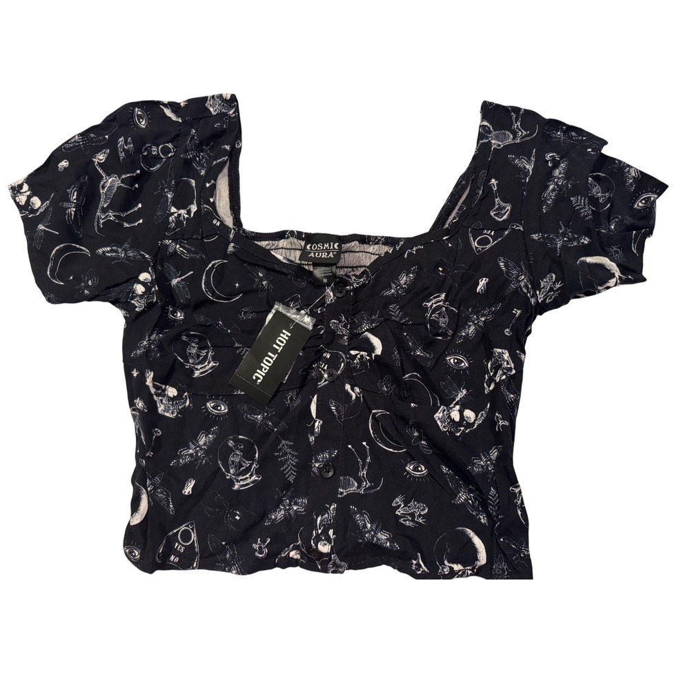 Hot Topic Cosmic Aura Occult Skull Moth Smocked Crop Top Black MH6472 New Medium